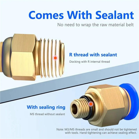 50 Piece Pneumatic Air Hose Fittings Kit With Push To Connect Connectors In 4mm 6mm 8mm 10mm 12mm Sizes And Thread Options One Quarter One Half One Eighth Three Eighth M5 For Quick Easy DIY Assembly In Workshop And Garage, brass fittings with sealant ring
