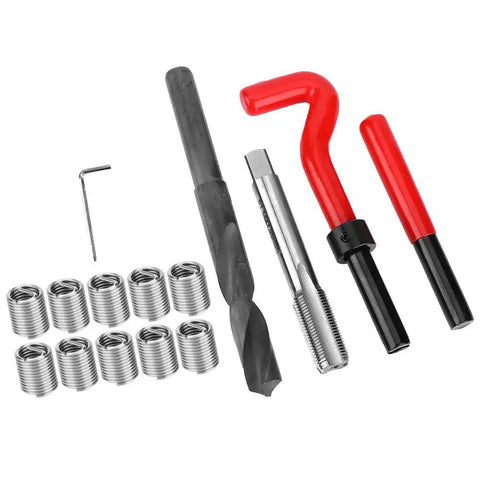Thread Repair Kit 15 Pcs Stainless Steel Twisted Drill and Wrench Set for M14x1.25 Threaded Inserts laid out in a row