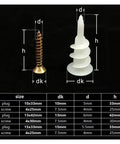 Close-up of 100 Pack Self Drilling Drywall Anchors Kit With Tapping Screws For Plastic Nylon Gypsum Hollow Walls 13x42mm dimensions.