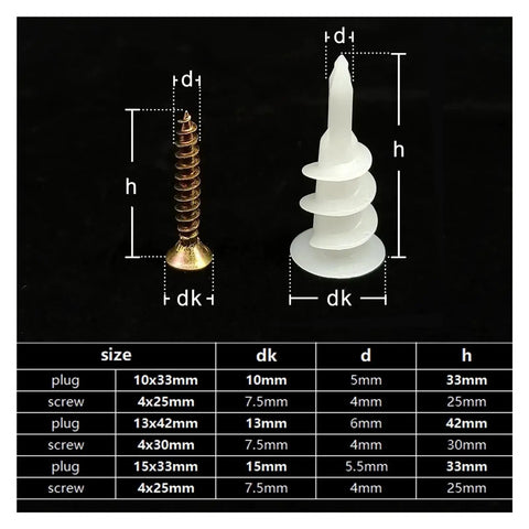 Self Drilling Wall Anchor Kit 100 Pieces With Tapping Screws For Drywall And Hollow Walls size chart and components