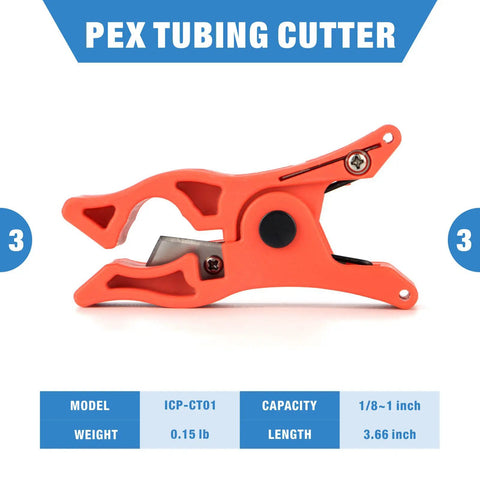 Orange PEX tubing cutter from PEX Expansion Tool Kit With Auto Rotate Expander For One Half Inch Tubing Fits Uponor Wirsbo ProPEX Sleeves And Fittings Includes Cutter And Grease Meets ASTM F1960
