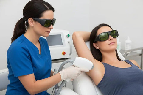 Legit Laser Safety Goggles For Hair Removal, worn during a laser treatment session for safe shielding of eyes.
