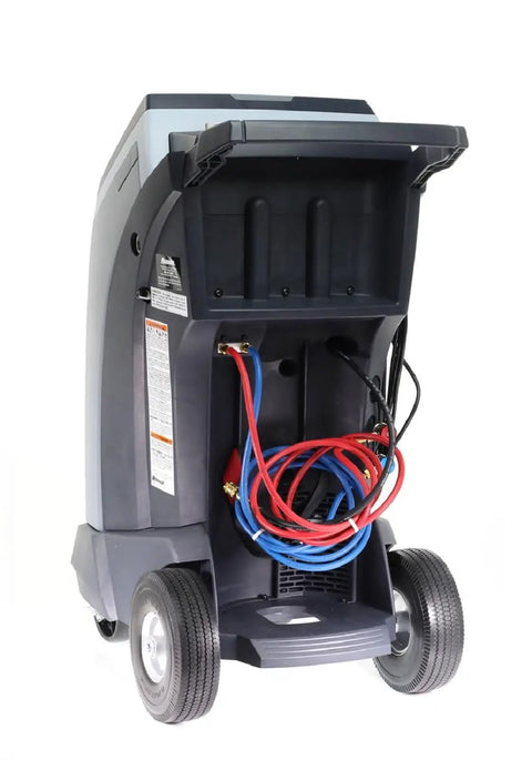 Pro Grade Full Auto R134a Shop Ready Car AC Refrigerant Recycling Recovery Recharging Unit with service hoses and wheels.