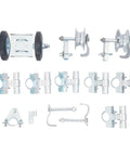 Built Different Heavy Duty Sliding Gate Hardware Kit Featuring 6 Inch C Type Track Rollers For Chain Link Fencing 600 Pound Capacity components laid out.