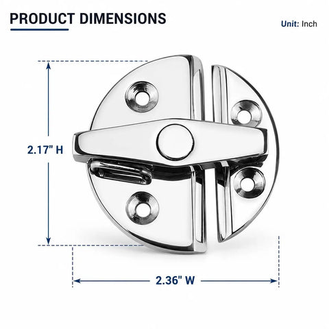 Top Shelf Rugged Ready To Rock 316 Stainless Steel Rotary Twist Lock Latch dimensions showing 2.17" H and 2.36" W.
