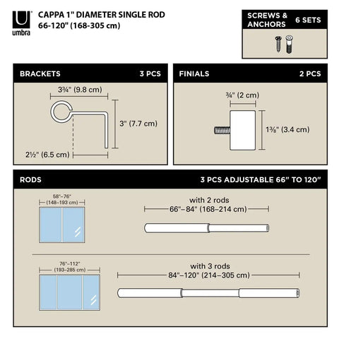 Diagram showing components of Cappa Curtain Rod With Two Matching Finials, Adjustable 66 To 120 Inches, including brackets and hardware.