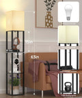 Shelf Floor Lamp With Solid Wood Shelves And USB Charging Ports next to sofa, includes bulb and measuring height dimensions.