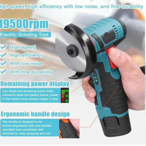 Compact 12V Cordless Angle Grinder, Wireless Power Tool For Diamond And Tile Cutting, Kickass Handheld Grinder held in hand.