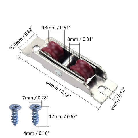 Top Shelf Double Wheel Pulley Set Featuring Nylon U Groove Rollers For Zero Drag Sliding Doors And Windows Silver Stainless Steel Housing item with dimensions and screws.