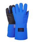 Four Layer Cryogenic Gloves For Liquid Nitrogen Handling And Cold Storage Safety Extreme Low Temperature Protection From Minus 196 To 148 Celsius Black Mid Arm Length Durable Lab Grade Protective Gloves For Ice Bath And Industrial Use, blue front and back view with Thinsulate label