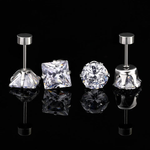 Snag These Fresh Flat Back Earrings Made From Light As Air Titanium Surgical Steel With Diamond Like Cubic Zirconia In Classic Round And Square Styles White Gold Plated Hypoallergenic Multiple Piercing Stud Set Truly Built For All Day Vibes, showcasing four pairs of titanium stud earrings with cubic zirconia.