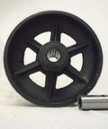 6 Inch V Groove Rigid Caster Steel Wheel 2 Inch Wide Roller Bearing 1000 Lb Load Industrial Track Roller Beefy Workhorse Design For Rails And Tracks Black Iron Finish New Condition showing black iron wheel with steel bearing.