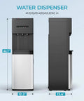 Front and side view of bottom loading water cooler dispenser with cold warm and hot, for 5 gallon bottles, LED display, child lock.
