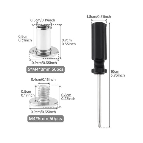 Fifty Pack Chicago Screws And Leather Rivets Featuring Phillips Cross Head Drive Knockout Build Quality Barrel Nut Assembly size dimensions and screws.