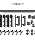 Heavy Duty 8 Foot Double Sliding Barn Door Track And Handle Kit Gliding Smooth As Butter With Precision Ball Bearings And Rugged Black Coating For A Total No Sweat Install package contents including rollers, track, and handles.