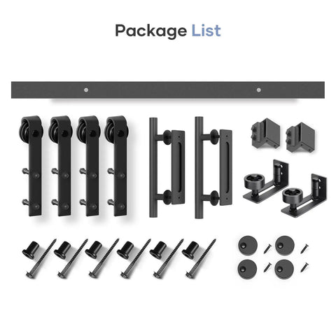 Heavy Duty 8 Foot Double Sliding Barn Door Track And Handle Kit Gliding Smooth As Butter With Precision Ball Bearings And Rugged Black Coating For A Total No Sweat Install package contents including rollers, track, and handles.