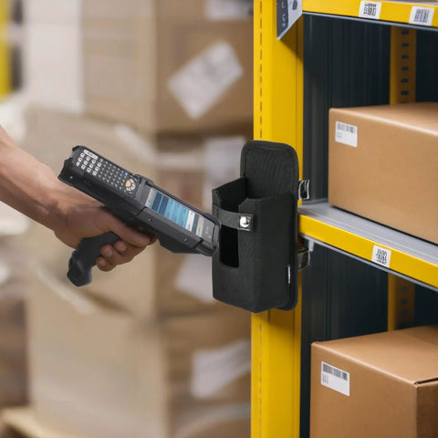Rugged Barcode Scanner Holster With Ballistic Nylon Carrying Case For MC3300 Ultra Rugged Mobile Touch Computer Handheld Scanner Holder With Fastener Straps To Attach To Forklift Drop Safe Warehouse Ready installed on a warehouse shelf