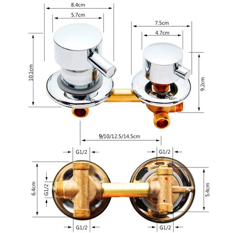 Multi Way Brass Shower Mixing Valve With Ceramic Cartridge Cold And Hot Water Diverter For Tub And Overhead Sprayer Bathroom Plumbing Fixture showing detailed dimensions and chrome finish.