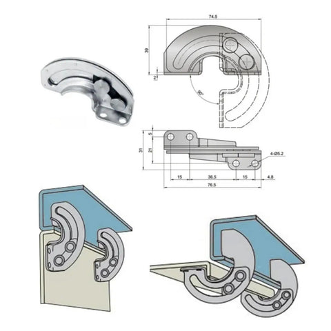 Hidden Sliding Hinge Set, 2 Pack, 90 Degree Stop Limit, Carbon Steel Arc Slide Locks diagram and installation angles