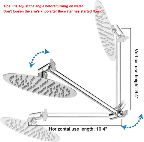 Adjustable Shower Arm Universal Connection And 11 Inch Extension Arm With Tilt showing dimensions and angles