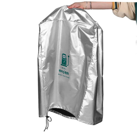 Rock Solid EV Wall Charger Cover Built To Crush Rain And UV Exposure Sleek Outdoor Shield in silver fabric, ready for installation.