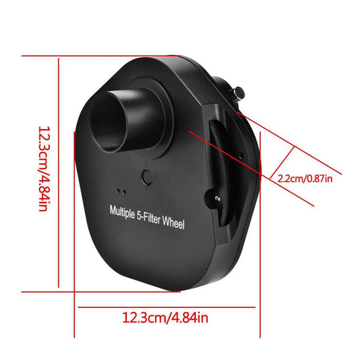 1.25 Inch 5 Position Manual Filter Wheel for Telescopes with T2 Mount, aluminum alloy, dimensions labeled, side view.