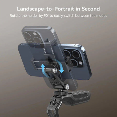 Bangin Universal Phone Holder Mount With Cold Shoe And Quick Release Clamp showing smartphone rotating to switch modes.