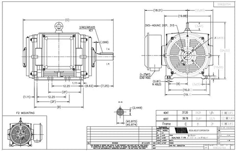 Heavy Duty 100 Hp Three Phase Electric Motor 1800 Rpm 230/460 Volt 404T Frame technical drawing with dimensions.