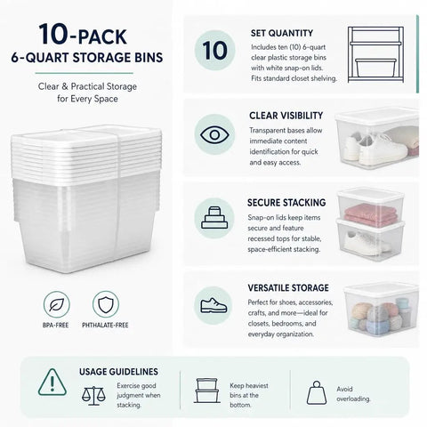 Clear Plastic Storage Bins With White Snap On Lids Set Of Ten Six Quart Capacity stackable bins for shoes and crafts in versatile storage options.