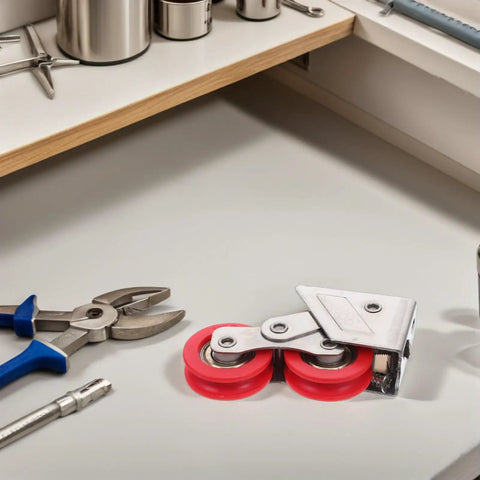 Tough As Nails Stainless Steel Double Roller Wheels For Sliding Door Track Pulley Replacement with red wheels on workbench.