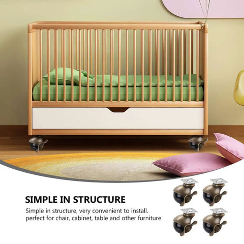 Four Pack Premium Vintage Brass Furniture Casters Featuring Badass Smooth Rolling Universal Swivel Wheels mounted on a crib.