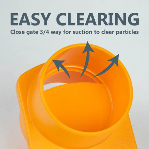 Power Inc 4 Inch Integrated Blast Gate With Dust Control Flex Cuff Anti Gap Tapered ABS Plastic Fitting For Dust Collection Systems showing orange inner opening for suction clearing.
