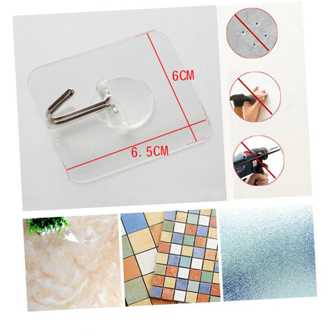 Super Tough Clear Adhesive Wall Hooks 12 Pack Stainless Steel Zero Mess Peel Strong Grip No Drill Install Holds Up Perfect For Kitchen Bedroom Hanging Setup You Gotta Get Your Hands On This showing dimensions and clear design.