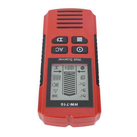 Close-up of 7 in 1 Wall Scanner Stud Finder, Metal Wood AC Wire Detector displaying measurement readings on screen.