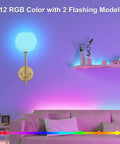 Gold Wireless Wall Sconces Set Of Two With Rechargeable Battery And Remote Features Three Tunable Color Temperatures Plus Twelve Rgb Modes For Chill Bedroom Or Hallway Ambience No Drills Needed And Super Fast Setup illuminating a cozy sofa.