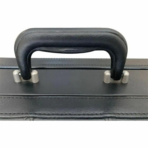 Handle detail of Premium Black Expanding Document Portfolio With Secure Combination Lock And Roomy File Compartments Slick Vinyl Business Carry Case.