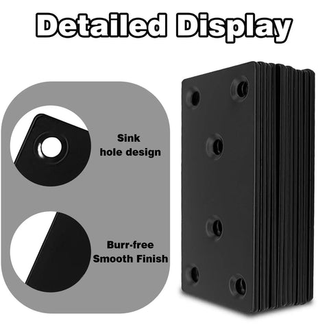 Thirty Five Pack Pro Grade Three Point One Inch Black 304 Stainless Steel Mending Plates showing sink hole design and smooth finish.