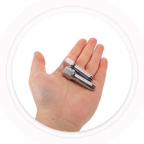 Hand holding 2 Pack Heavy Duty Steel Grease Tip Nozzles for Grease Guns, Extra Reach Coupler for Tight Spots
