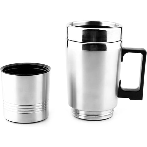 Food grade stainless steel cups, one with handle, designed for use with 12V Car Electric Kettle on road trips.