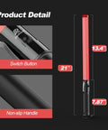 Close-up of 21 inch LED traffic wand with dual flashing modes, showing switch button and non-slip handle for easy use in all conditions.