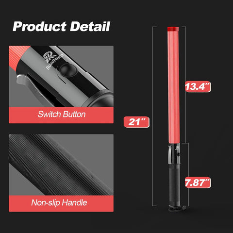 Close-up of 21 inch LED traffic wand with dual flashing modes, showing switch button and non-slip handle for easy use in all conditions.