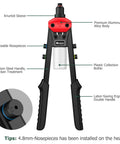 Boss Level Heavy Duty Manual Pop Rivet Gun Kit Featuring 200 Rugged Aluminum Rivets Plus Five Swap Out Nozzles showing detailed parts.