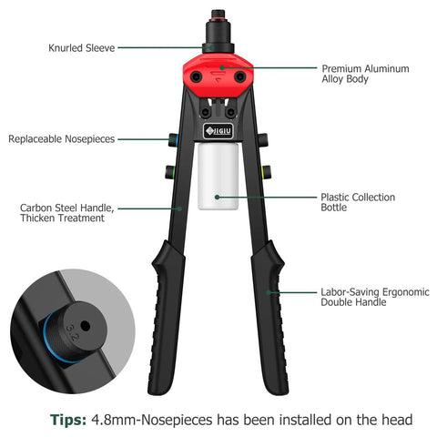 Boss Level Heavy Duty Manual Pop Rivet Gun Kit Featuring 200 Rugged Aluminum Rivets Plus Five Swap Out Nozzles showing detailed parts.