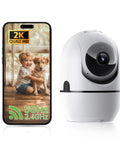 Sick PTZ WiFi Home Camera With Kicker AI Motion Detection And Super Night Vision Featuring Smooth Pan Tilt Zoom Plus Real Time 2 Way Audio next to a smartphone displaying 2K video.