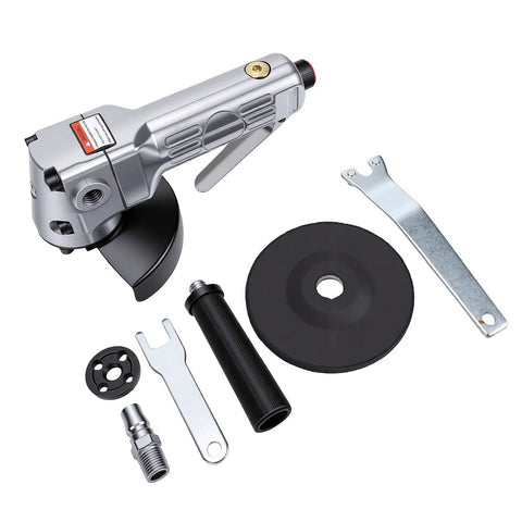 Heavy Duty 4 Inch Pneumatic Air Angle Grinder Spinning At 11000 RPM Smashes Through Rust And Scale Effortlessly with accessories.