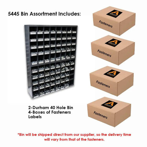 5,445 Piece Grade 8 Coarse Hardware Kit With Hex Cap Screws, Hex Nuts, Nylon Locknuts, Flat Washers, And Lock Washers In Durable Durham 40 Hole Bins
