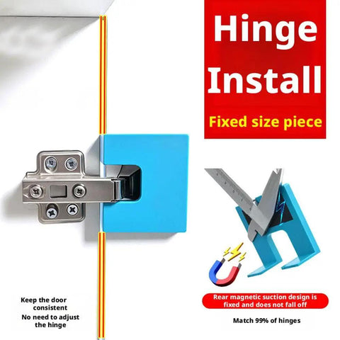 Door Hinge Jig Kit For Quick Install And Precise Alignment, Adjustable Guide For Hinge Cutting shown in blue with installed hinge.