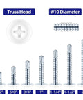 Dang Solid Number 10 By One Half Inch Sheet Metal Screws 100 Pack Zinc Plated Steel Self Tapping Self Drilling Phillips Modified Truss Head Includes Driver Bit For No Sweat Assembly, showing various lengths.