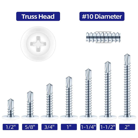 Dang Solid Number 10 By One Half Inch Sheet Metal Screws 100 Pack Zinc Plated Steel Self Tapping Self Drilling Phillips Modified Truss Head Includes Driver Bit For No Sweat Assembly, showing various lengths.