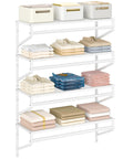 Heavy Duty Workhorse Wall Mounted Closet Shelves With Hanging Rod Four Pack Floating White Wire Shelving For Laundry Room And Garage Organization Straight Shooter Setup with neatly folded linens and storage bins.